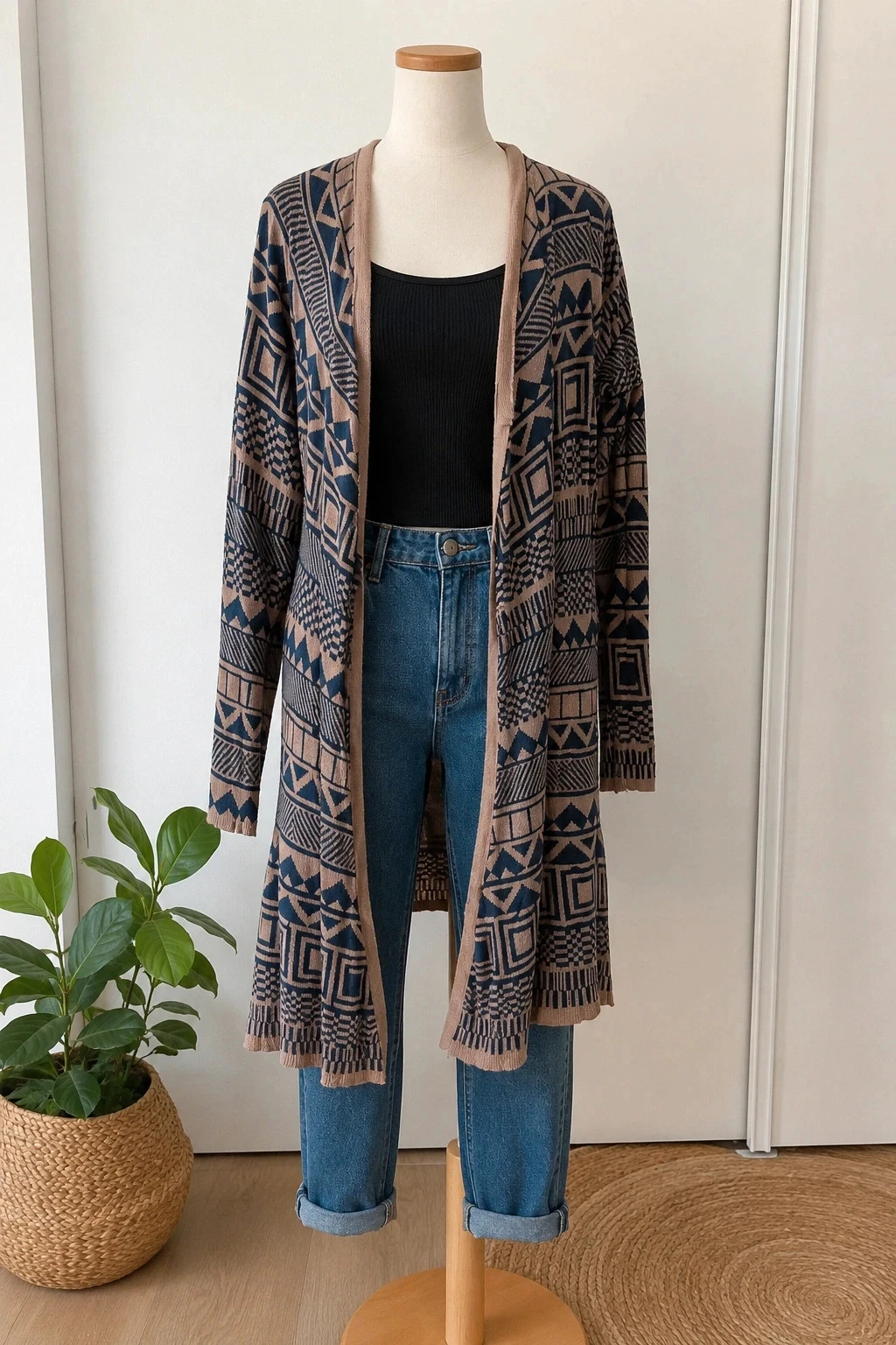 Gilet long motif bleu et taupe taille 36